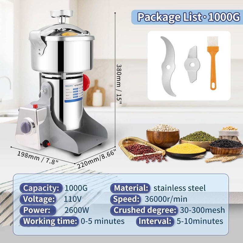 BAOJIAFU مطحنة حبوب كهربائية 2600 واط مطحنة مسحوق فائقة الدقة آلة طحن جافة 36000 دورة في الدقيقة مطحنة حبوب عالية السرعة آلة طحن المواد الجافة قابلة للتأرجح بزاوية 270° مطحنة مسحوق من الفولاذ المقاوم للصدأ 1000 جرام - Image 2